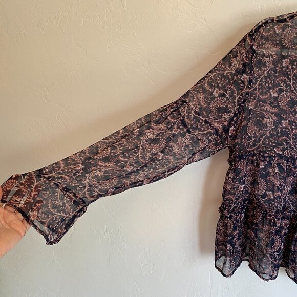 Joie Sheer Purple Floral Silk Long Sleeve Peasant Top Size Medium - Picture 2 of 6